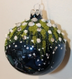 Blue bauble with green/white glitter & diamante