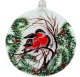 Flattened glass bauble with robins 100 mm