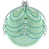 Mint green baubles with green & white glitter decoration 80mm