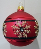 Red bauble with champagne & black glitter snowflake pattern 80mm