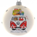 White bauble with hand painted Santa in a camper van 80 mm